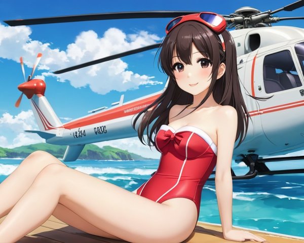 Young Woman in Red Swimsuit by Blue Ocean and Helicopter