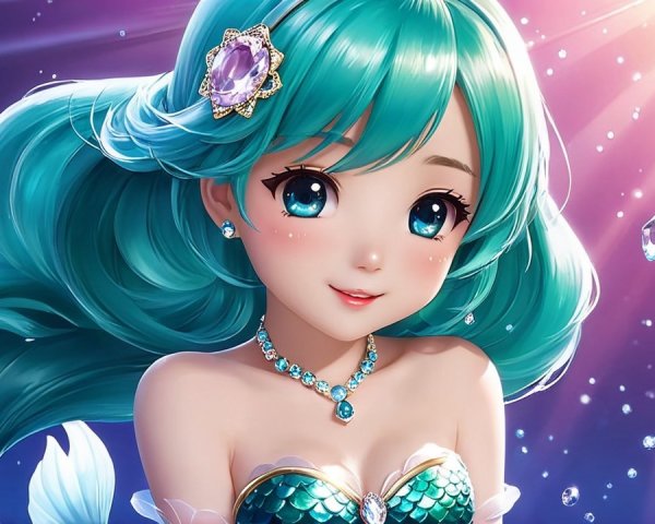 Animated mermaid with teal hair and floating gems