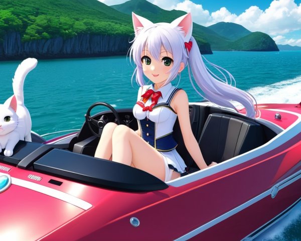 Cheerful anime girl in red boat with cat and scenery