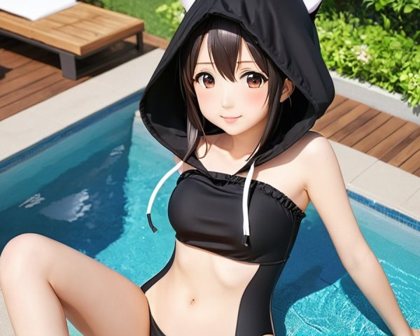 Young girl in black swimsuit by a sunny poolside