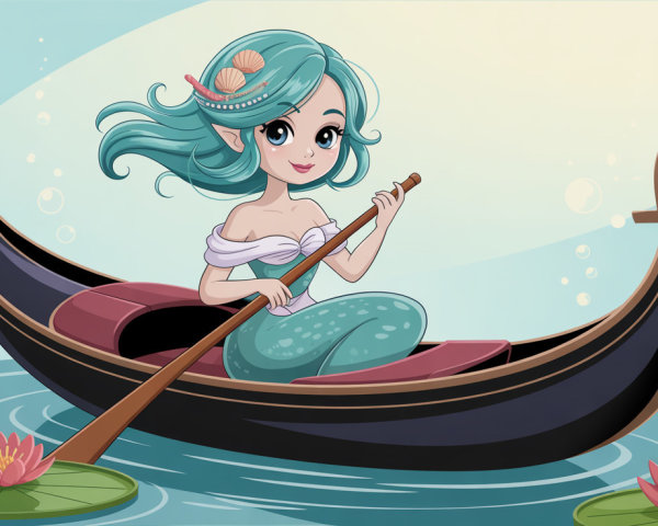 Cute Mermaid in Gondola Surrounded by Water Lilies