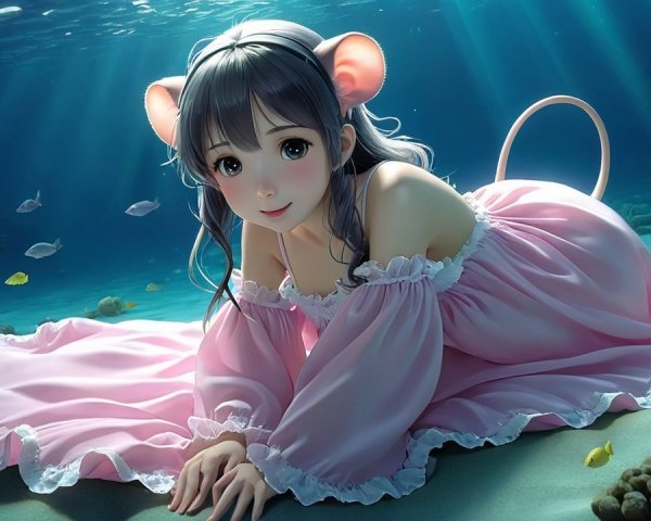 Underwater Scene with Girl Character and Coral Reef