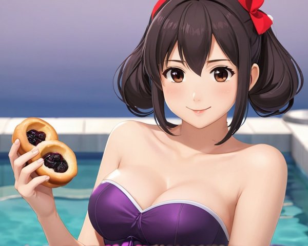 Cheerful woman by pool with donuts and purple swimsuit