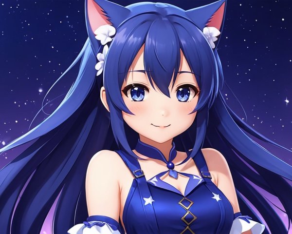 Cheerful character with blue hair and night sky backdrop
