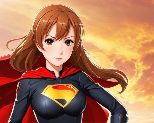 Confident Young Woman in Superhero Costume at Sunset