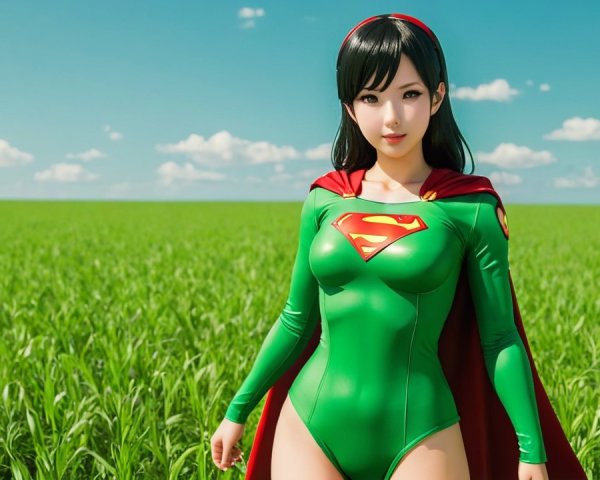 Superhero Character in Green Costume in Grassy Field