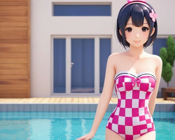 Cheerful girl by blue pool in stylish swimsuit