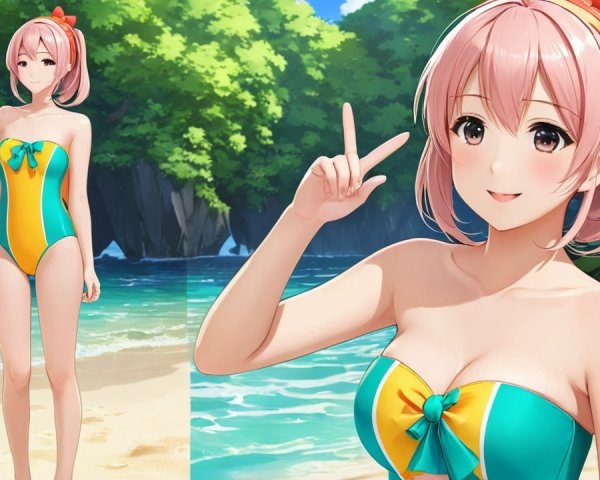 Cheerful Anime Character on Sunny Beach with Swimsuit