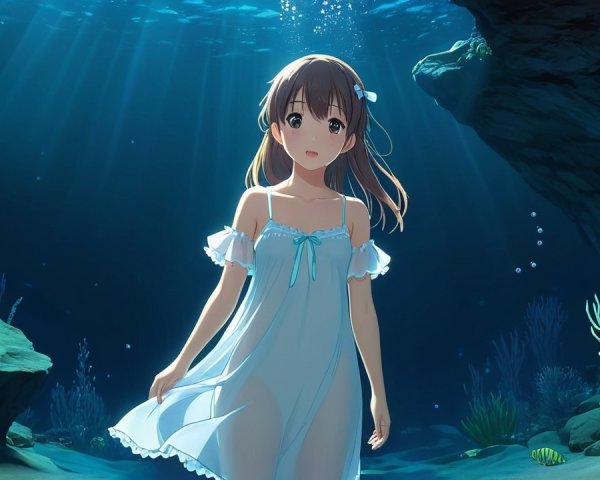Girl in Light Blue Dress Submerged in Underwater Scene