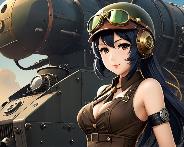 Young Woman in Aviator Outfit by Vintage Locomotive