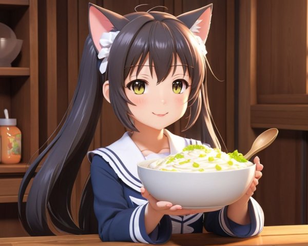 Cheerful girl with cat ears holding rice bowl in cozy setting