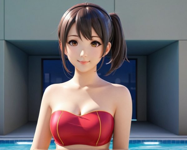 Anime Character by Swimming Pool in Red Bikini