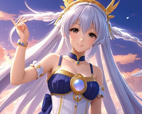 Serene anime character with silver hair and vibrant sky