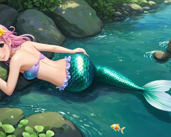 Whimsical Mermaid Illustration by a Serene Stream