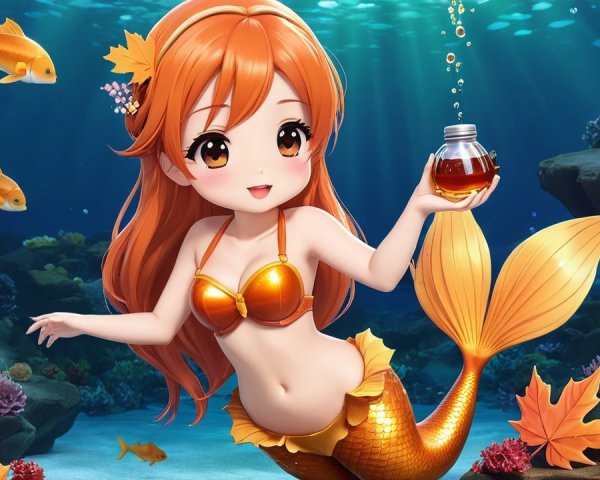 Cheerful mermaid with orange hair in vibrant ocean scene