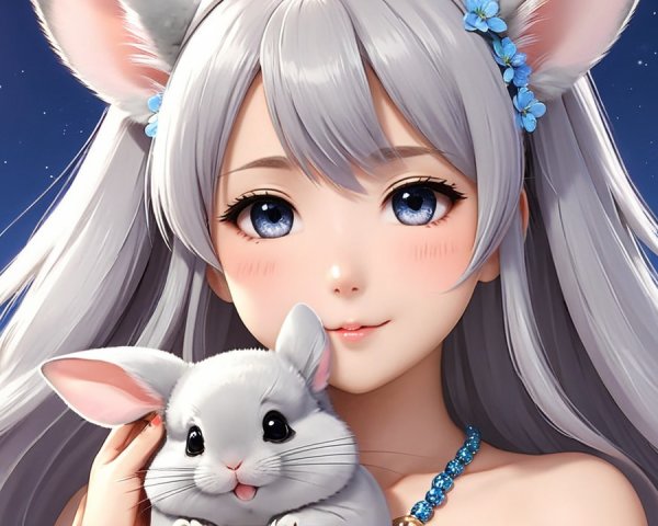 Anime-inspired girl with silver hair and bunny in night sky