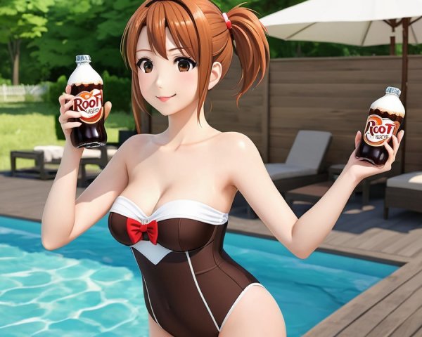 Cheerful anime girl by pool in stylish black swimsuit