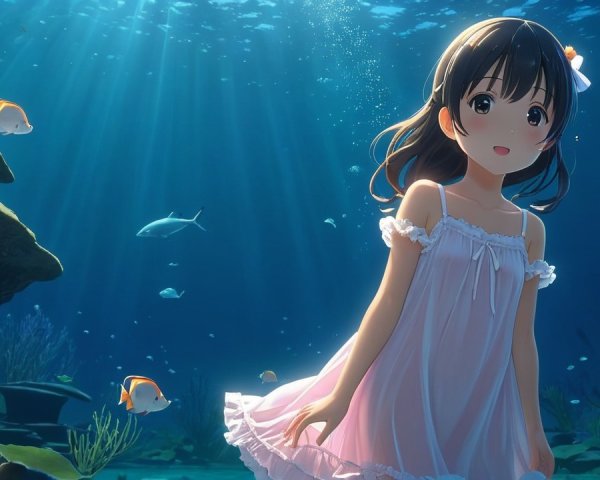 Young girl in white dress underwater with colorful fish