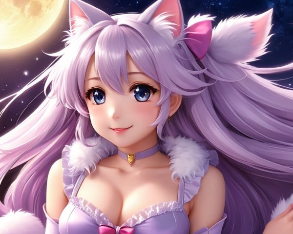 Whimsical Anime Character with Lavender Hair and Cat Ears