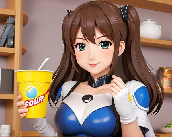 Cheerful anime character in modern kitchen setting