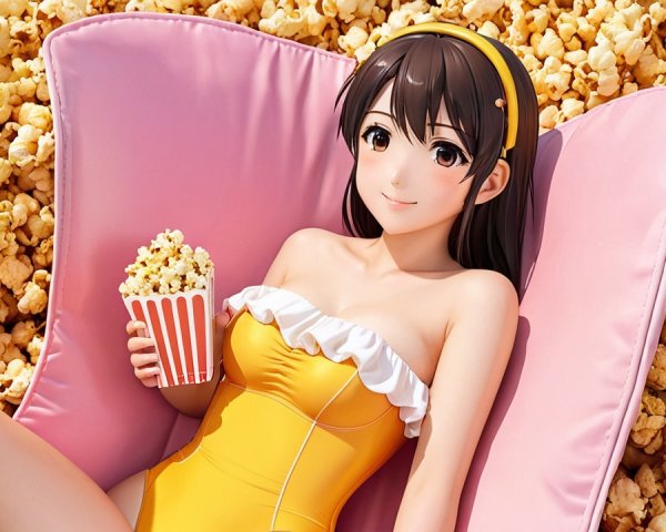 Young Woman in Yellow Swimsuit with Popcorn Scene