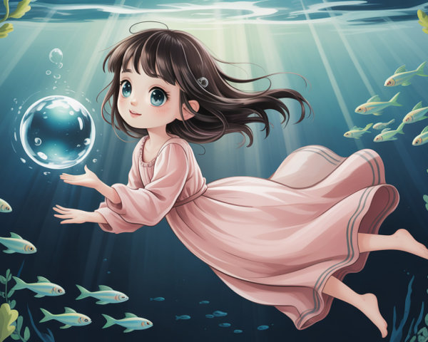 Cute anime girl underwater with iridescent bubble