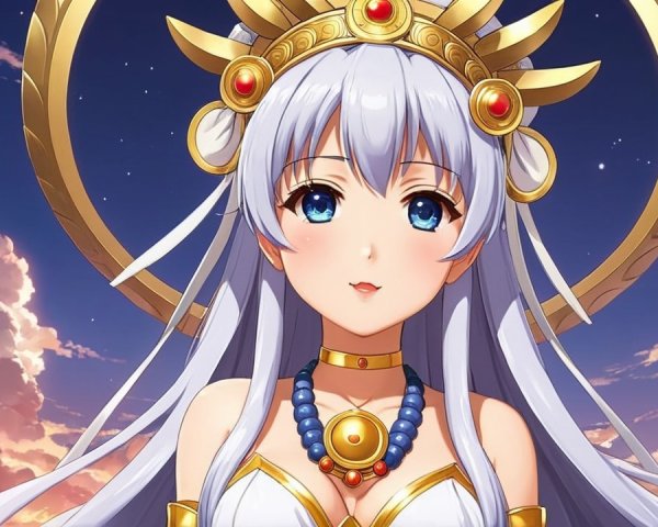 Anime Character with Silver Hair and Golden Headdress