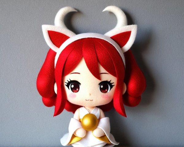 Plush Doll with Red Curls and Whimsical Accents