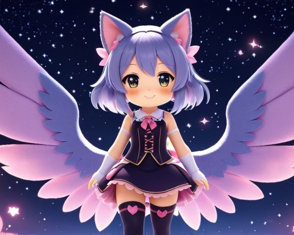 Anime character with blue hair, cat ears, and wings
