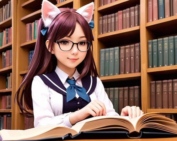 Young Woman with Cat Ears Reading in Library