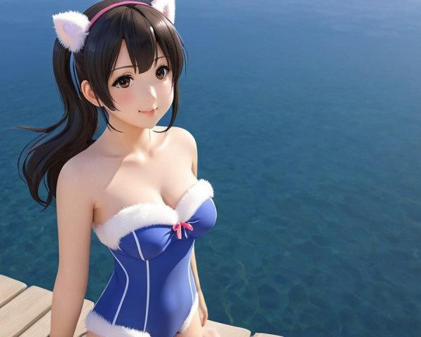 Young Woman in Blue Swimsuit by Serene Water