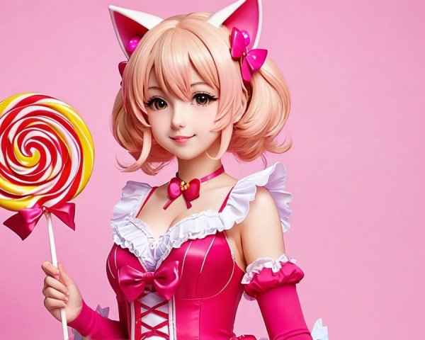 Playful Character with Cat Features in Pink Dress