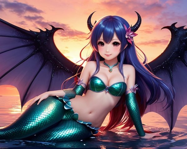 Fantastical mermaid with blue hair and bat wings