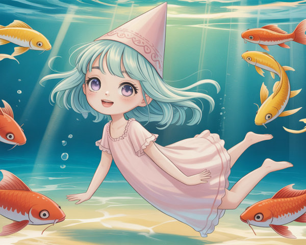 Anime girl swimming with koi fish underwater