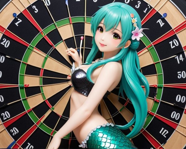 Vibrant Mermaid Figure Against Dartboard Background