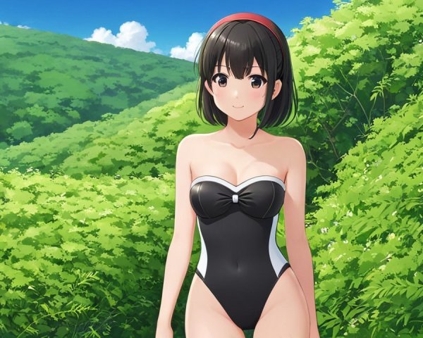 Cheerful girl in black and white swimsuit in summer landscape