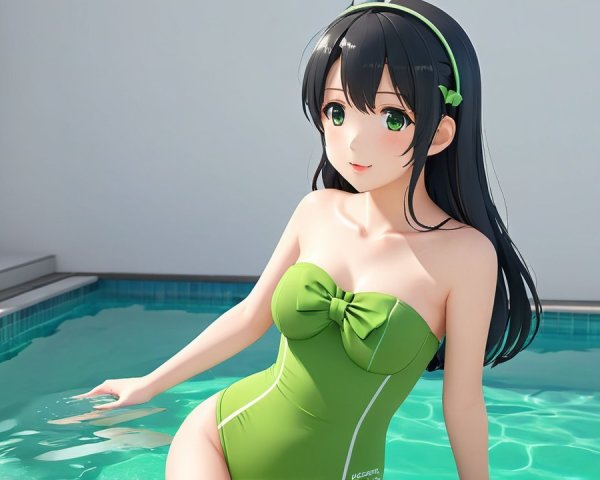 Animated Character in Pool with Green Swimsuit