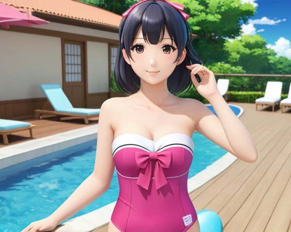 Cheerful woman in pink swimsuit by sunny poolside