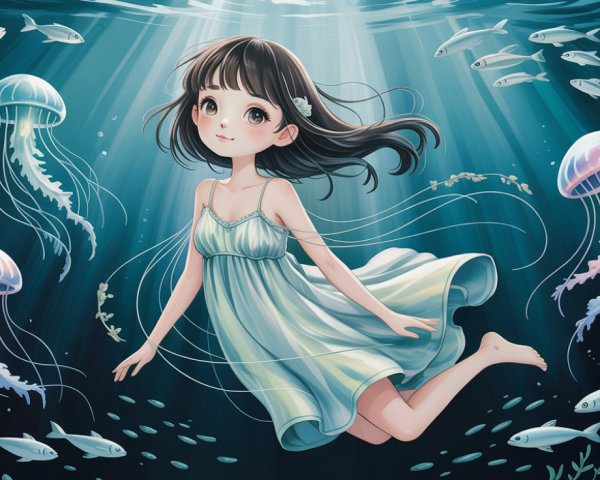 Underwater Fantasy Scene Featuring Anime Girl and Sea Life