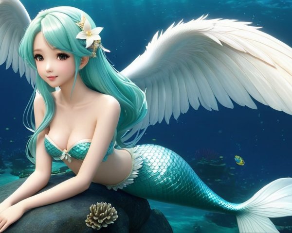 Ethereal Mermaid with Turquoise Hair and Wings