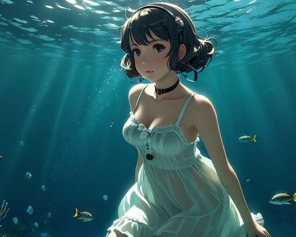 Underwater Scene with Woman in White Dress and Fish