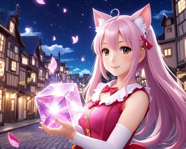 Moonlit Village with Character and Magical Gemstone