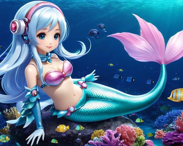 Vibrant Underwater Scene with Anime-Style Mermaid
