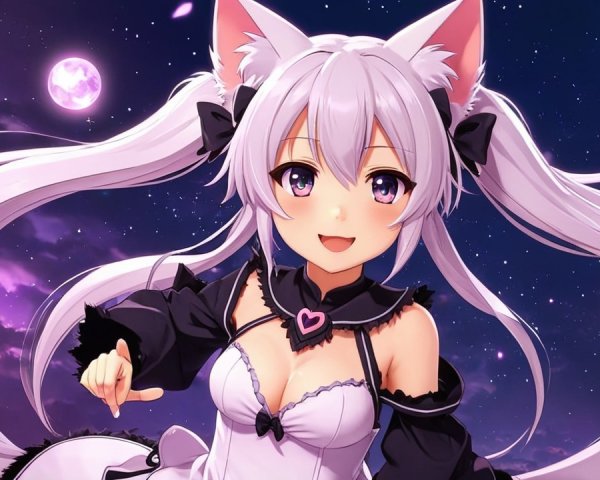 Whimsical Anime Character with Purple Hair and Cat Ears