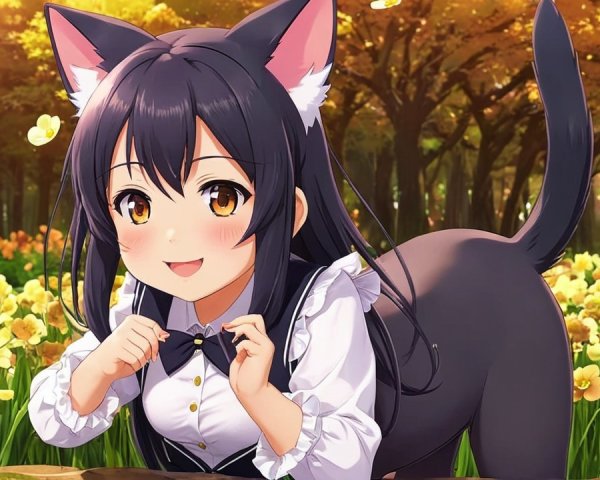 Cheerful girl with cat ears in a flower field