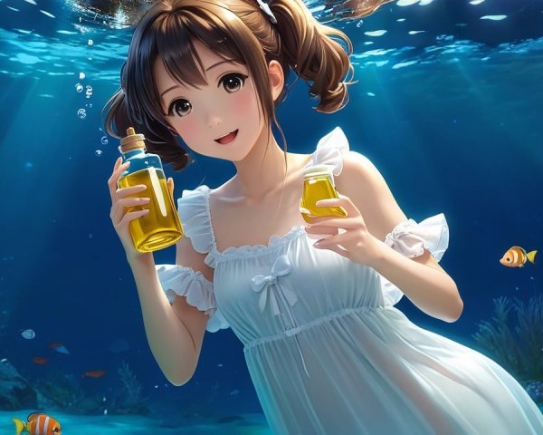 Young girl underwater in white dress with coral and fish