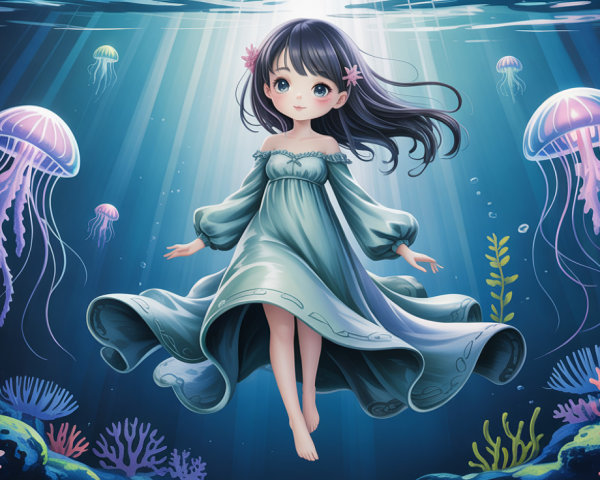 Anime-style girl in light blue dress underwater scene