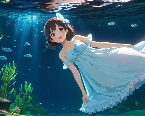 Young girl in light blue dress swimming underwater