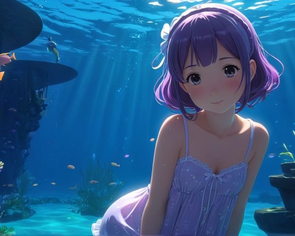 Underwater Scene with a Young Girl and Colorful Fish