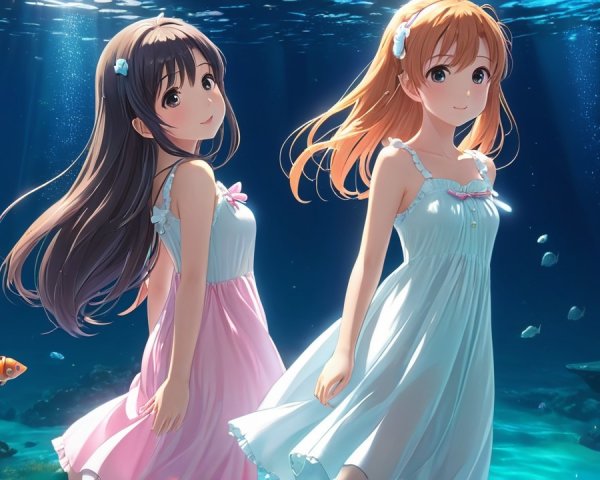 Underwater Scene with Two Women in Colorful Dresses